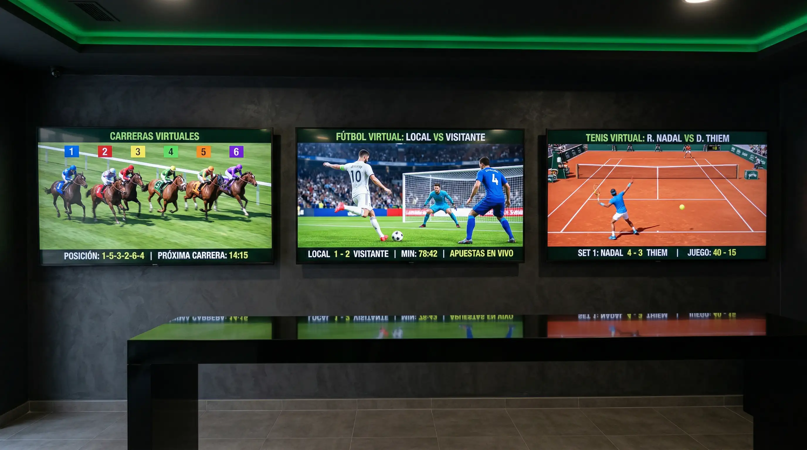 Terminal de apuestas deportivas virtuales mostrando opciones de fútbol carreras de caballos y tenis simulados