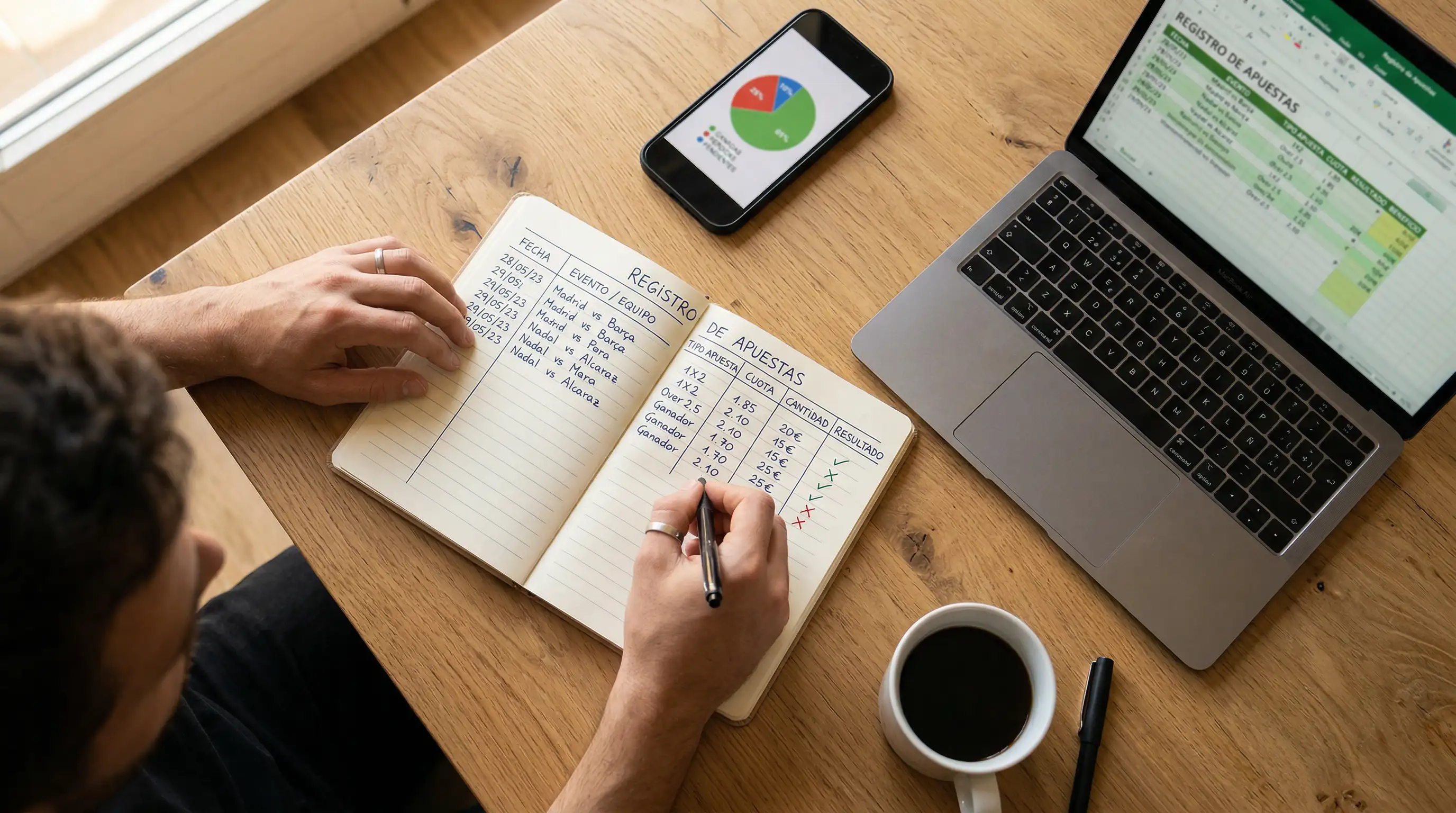 Persona tomando notas en un cuaderno junto a un portátil con registro de apuestas y límites de sesión