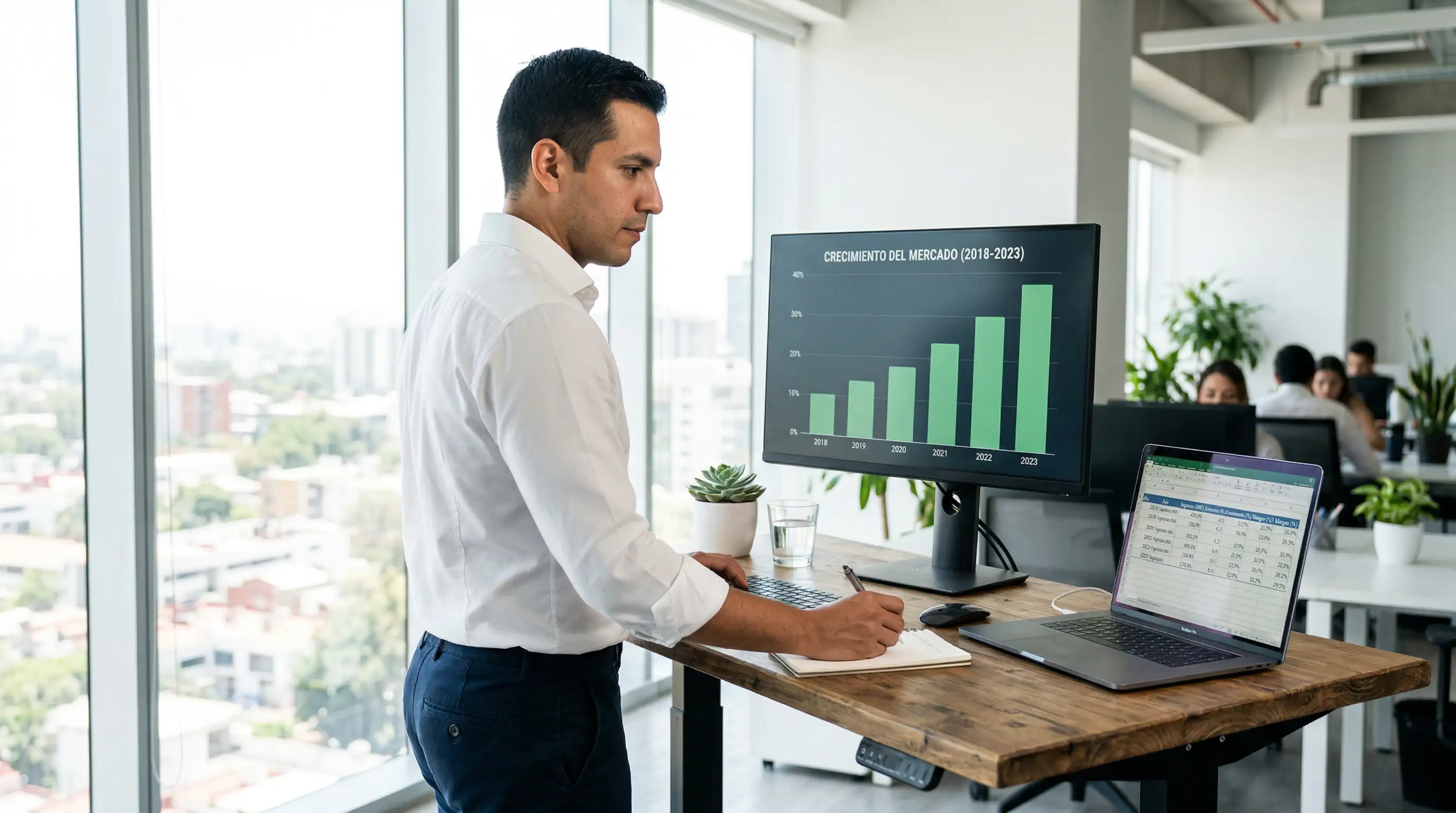 Profesional analizando gráficos de crecimiento del mercado de apuestas deportivas virtuales en monitor